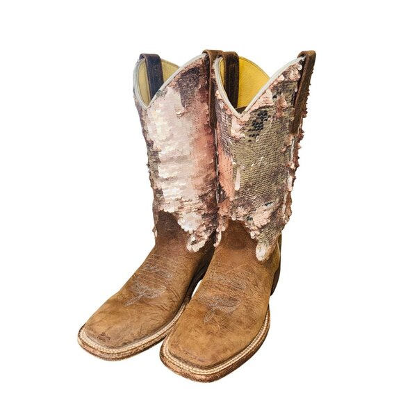 Macie Bean Distressed Leather Bison Sparkle Pink Sequin Western Cowgirl Boots - Picture 2 of 11